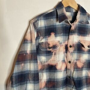Jachs Blue Plaid Twist Bleach Tie Dye Upcycled Button Down Flannel Shirt Medium